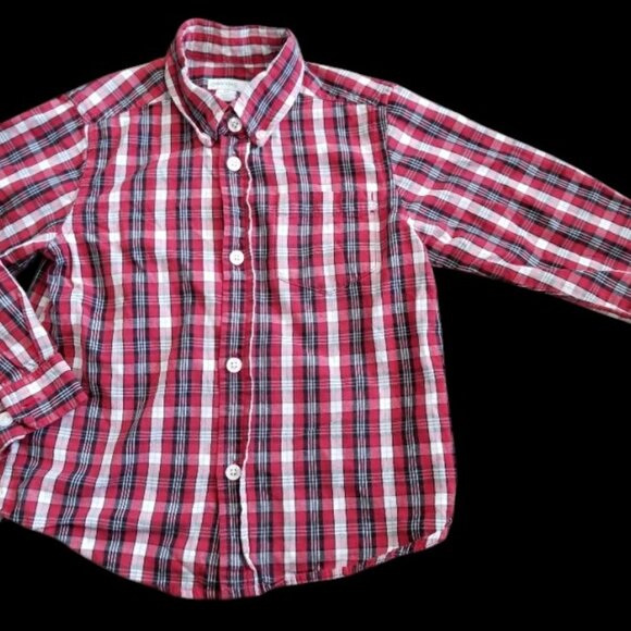 * GREENDOG Red and Navy Plaid Long Sleeved Button Front Shirt Boys Size 4T - Picture 3 of 4